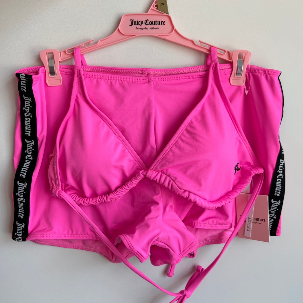 New Juicy Couture XL 2 pc Bikini Bathing Swim Suit Pink Black Shorts Sporty